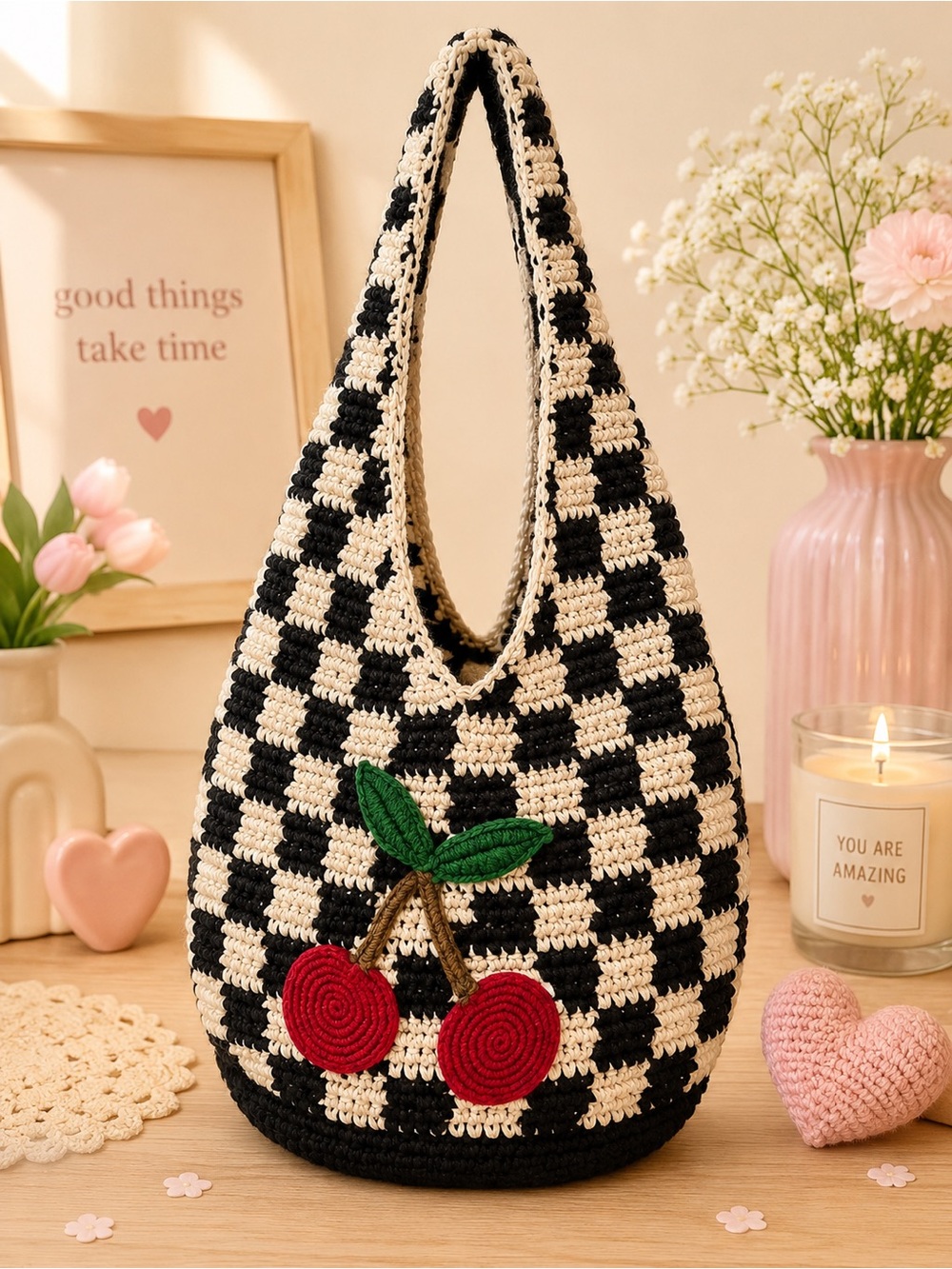 No Boundaries Black & White Checker Crochet Shoulder Bag with Cherry Accent